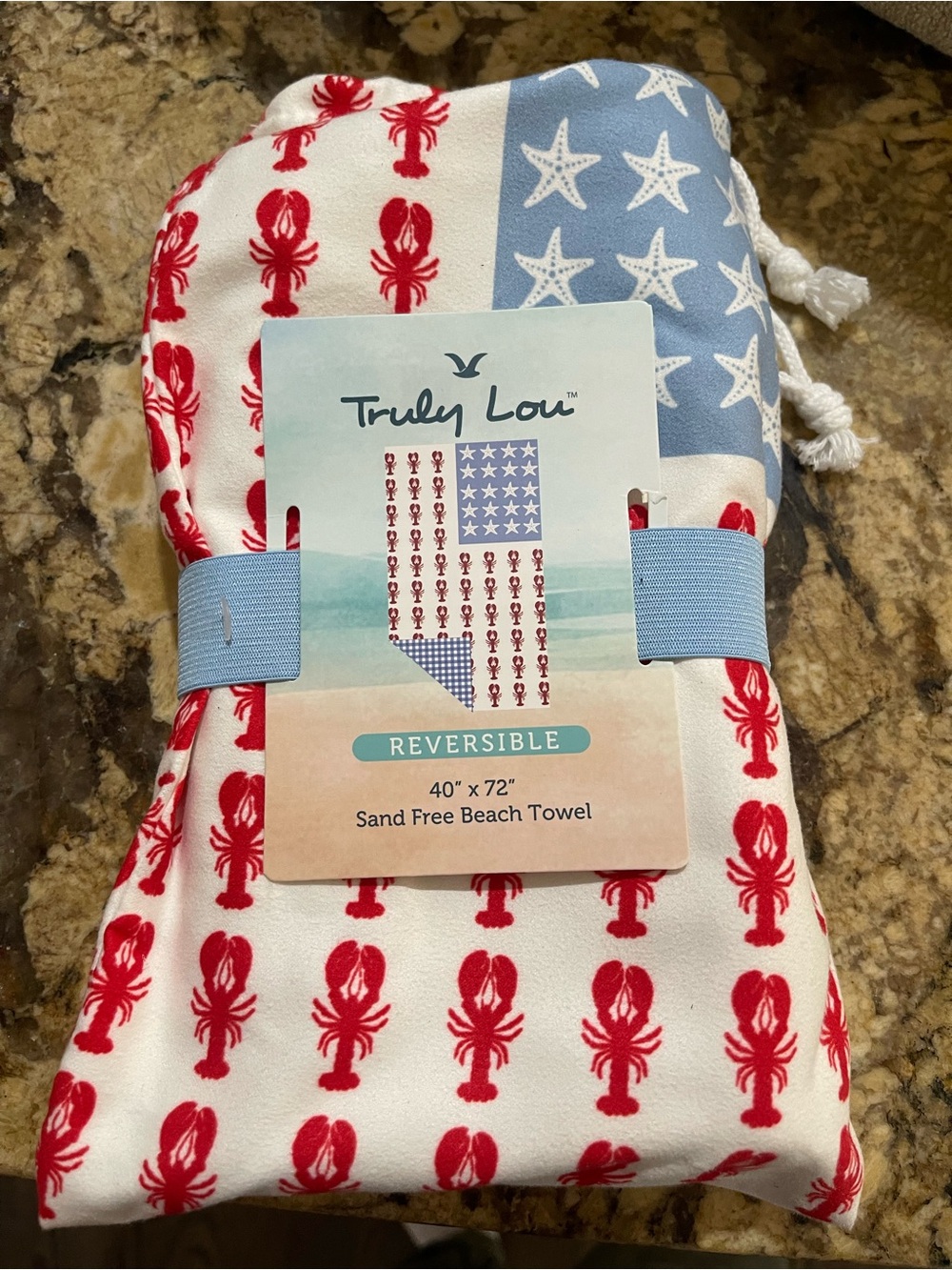 Truly Lou lobster and starfish flag beach towel - sand free 40”x72”-  Brand new!